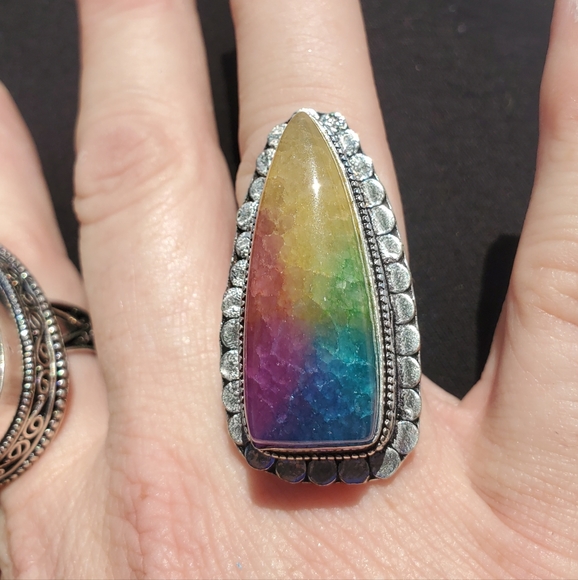 New Oversized Rainbow Solar Agate Quartz 925 Silver Statement Ring. - Picture 11 of 16